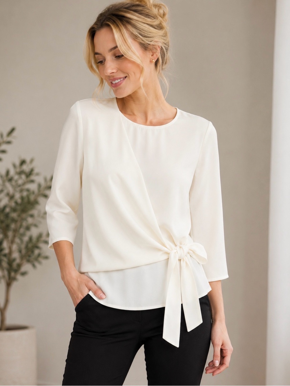 Vince Camuto Ivory Tie Front Blouse XXS 3/4 Sleeve Draped Career Top